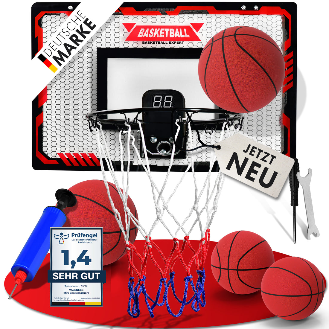 VALENESS Mini-Basketballkorb für die Tür- und Wandmontage mit elektronischem Trefferzähler und weichen Schaumstoffbällen