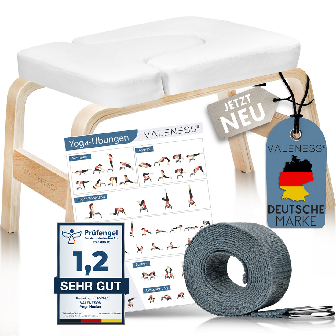 VALENESS Yoga-Kopfstandhocker aus Naturholz mit weißer Polsterung, Yogagurt und Übungsposter