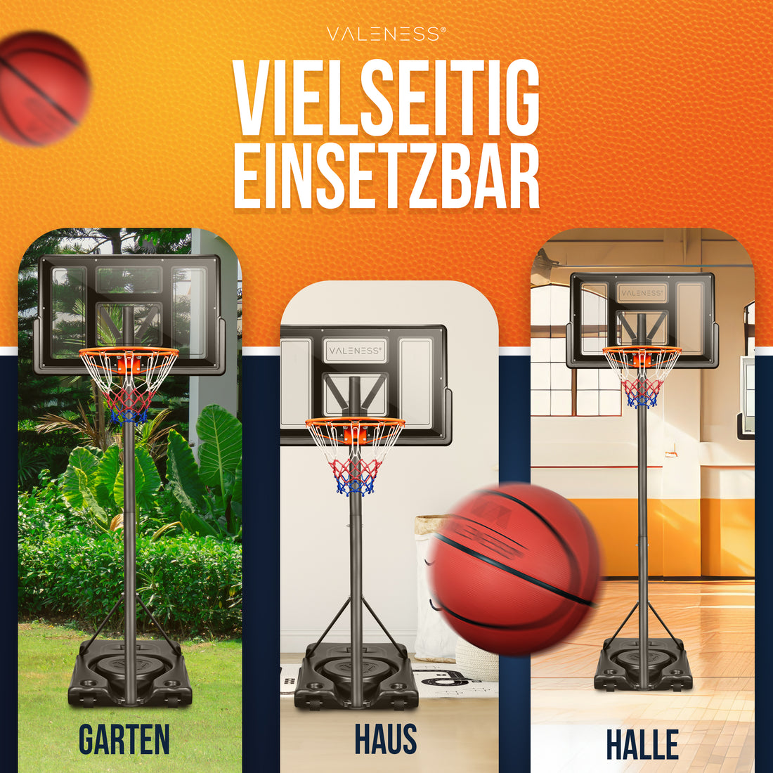 Der Basketballständer im Einsatz in drei Umgebungen: Garten, Innenraum und Sporthalle