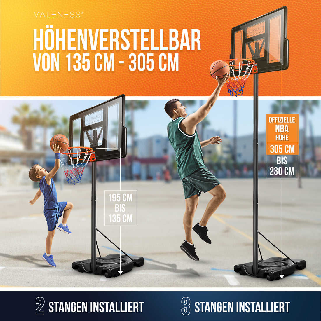 Höhenverstellung von 135 bis 305 cm: Erwachsener dunkt auf offizieller NBA-Höhe von 305 cm, Kind spielt auf 195 cm — mit zwei oder drei installierten Stangen