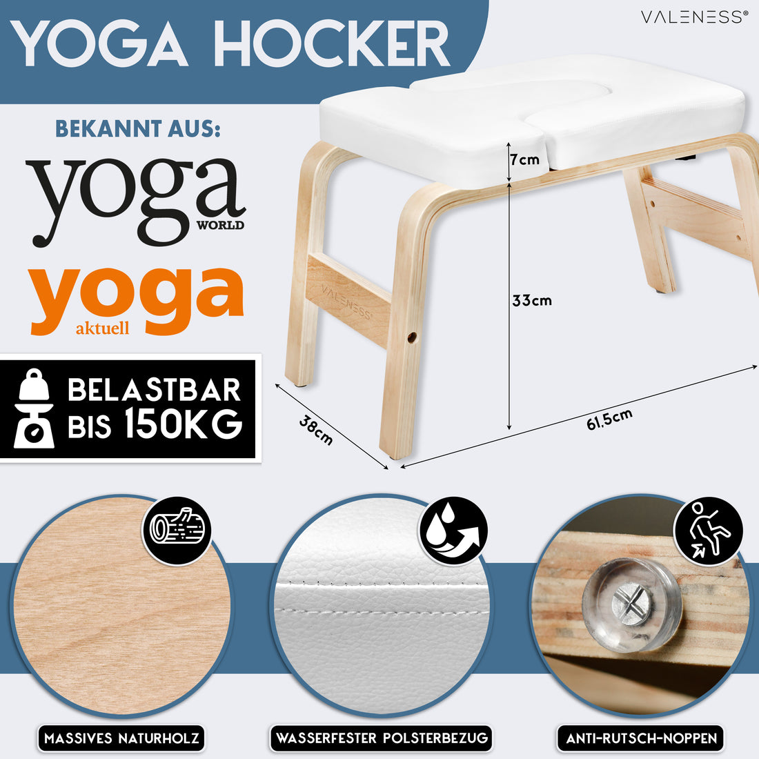 Maße des Yoga-Kopfstandhockers: 61,5 cm lang, 36 cm breit, 33 cm hoch, Polster 7 cm stark, belastbar bis 150 kg — massives Naturholz, wasserfester Polsterbezug in Weiß und Anti-Rutsch-Noppen