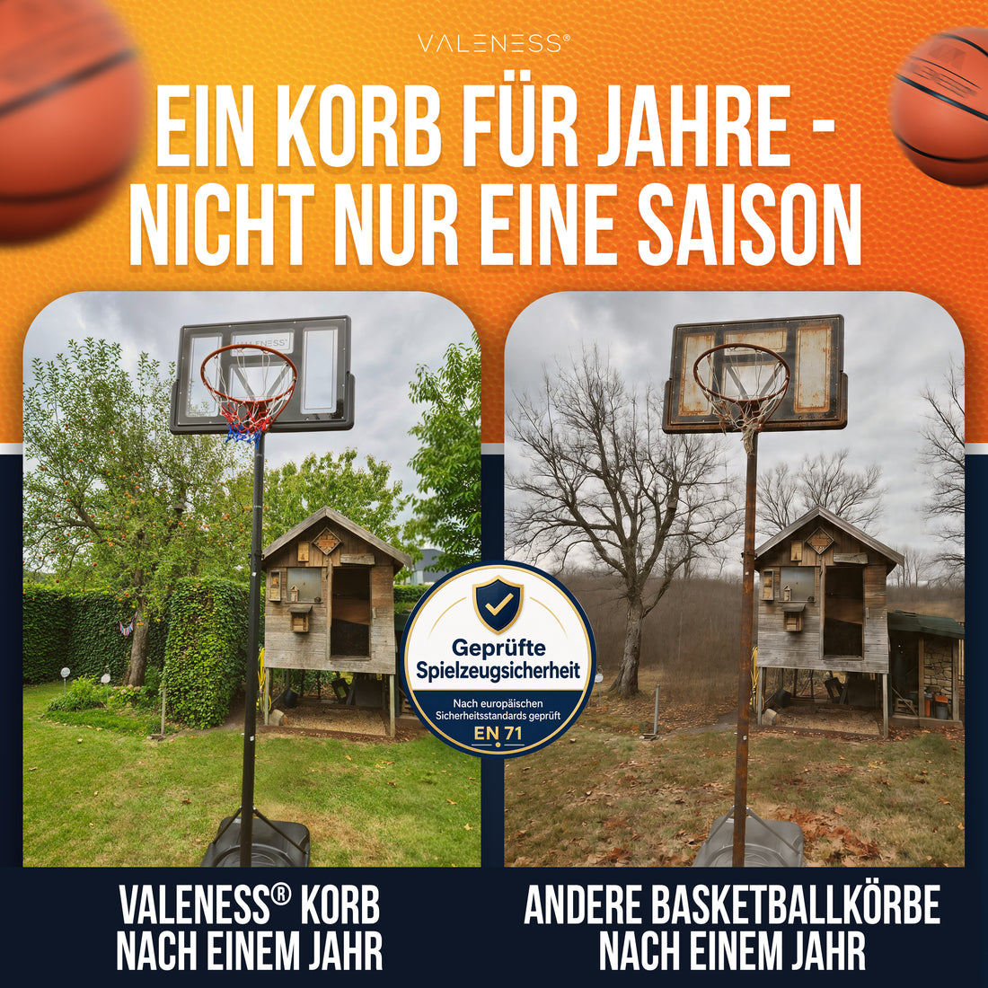 Zustandsvergleich nach einem Jahr Außeneinsatz: VALENESS Korb unverändert gegenüber einem verwitterten Vergleichsmodell, geprüft nach Spielzeugsicherheit EN 71