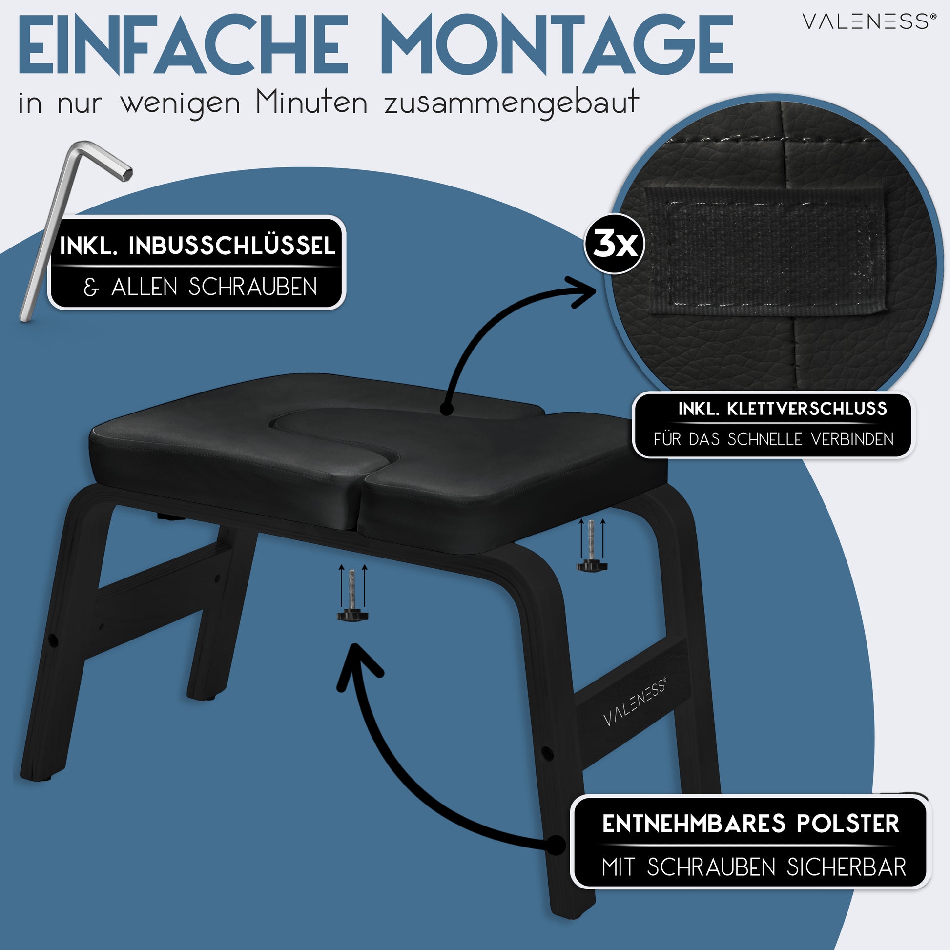 Yoga Kopfstandhocker - Hochwertiger Yoga Hocker inkl. Yogagurt, Yogablock & Übungsposter - Yoga Stuhl zur Handstand-Übung aus massivem Naturholz - Yoga Ausrüstung für Zuhause… (Black Edition)