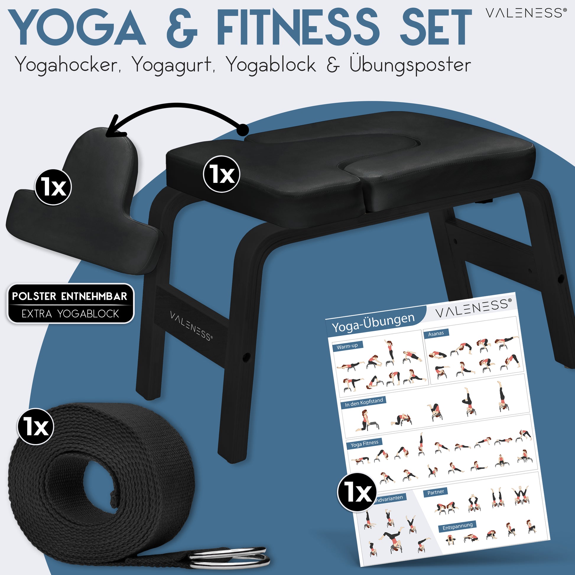 Yoga Kopfstandhocker - Hochwertiger Yoga Hocker inkl. Yogagurt, Yogablock & Übungsposter - Yoga Stuhl zur Handstand-Übung aus massivem Naturholz - Yoga Ausrüstung für Zuhause… (Black Edition)