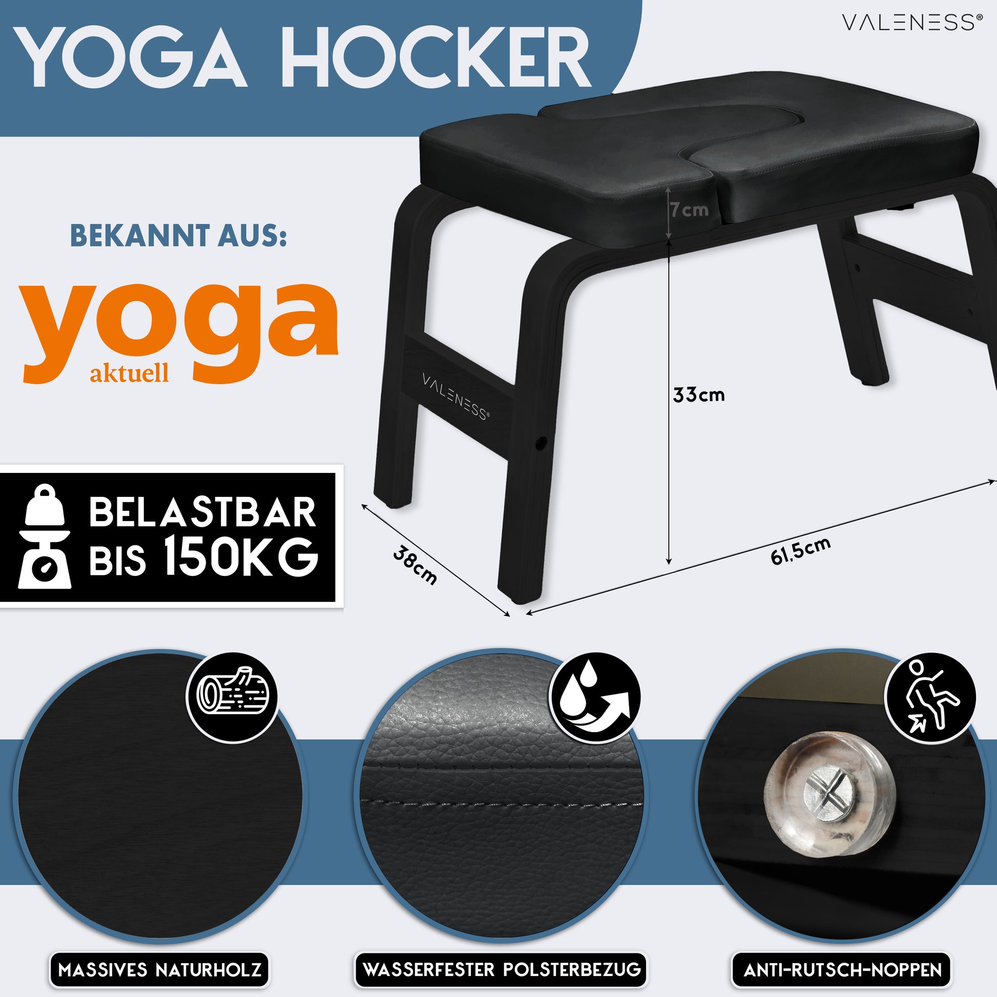 Yoga Kopfstandhocker - Hochwertiger Yoga Hocker inkl. Yogagurt, Yogablock & Übungsposter - Yoga Stuhl zur Handstand-Übung aus massivem Naturholz - Yoga Ausrüstung für Zuhause… (Black Edition)