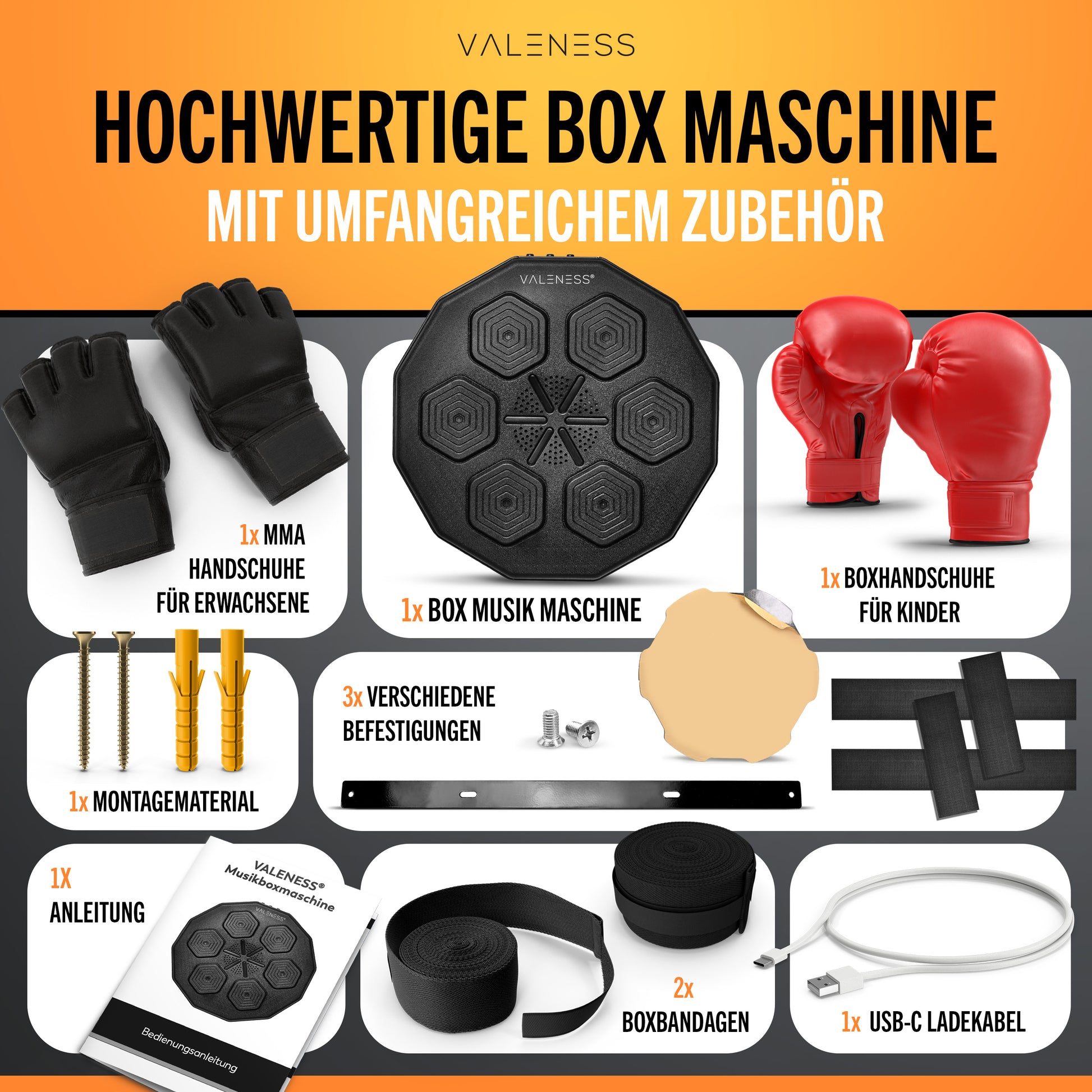VALENESS® Musik Box Maschine – Smart Music Boxing Machine – Boxmaschine mit Musik & LED, Boxautomat, Box für die Wand inkl. Boxhandschuhen – Ideales Boxtraining zuhause für Kinder und Erwachsene Automatik