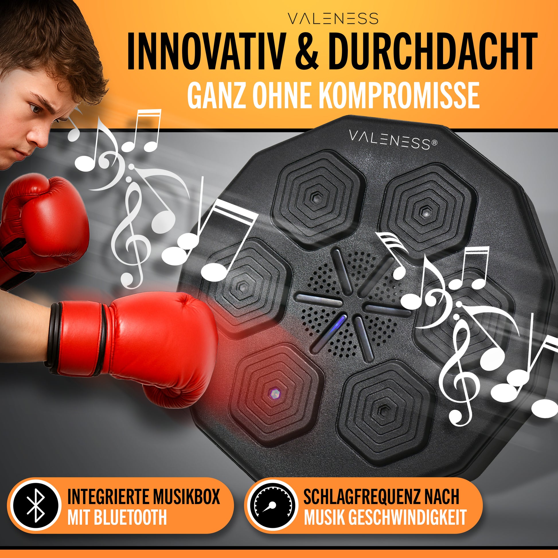 VALENESS® Musik Box Maschine – Smart Music Boxing Machine – Boxmaschine mit Musik & LED, Boxautomat, Box für die Wand inkl. Boxhandschuhen – Ideales Boxtraining zuhause für Kinder und Erwachsene Automatik
