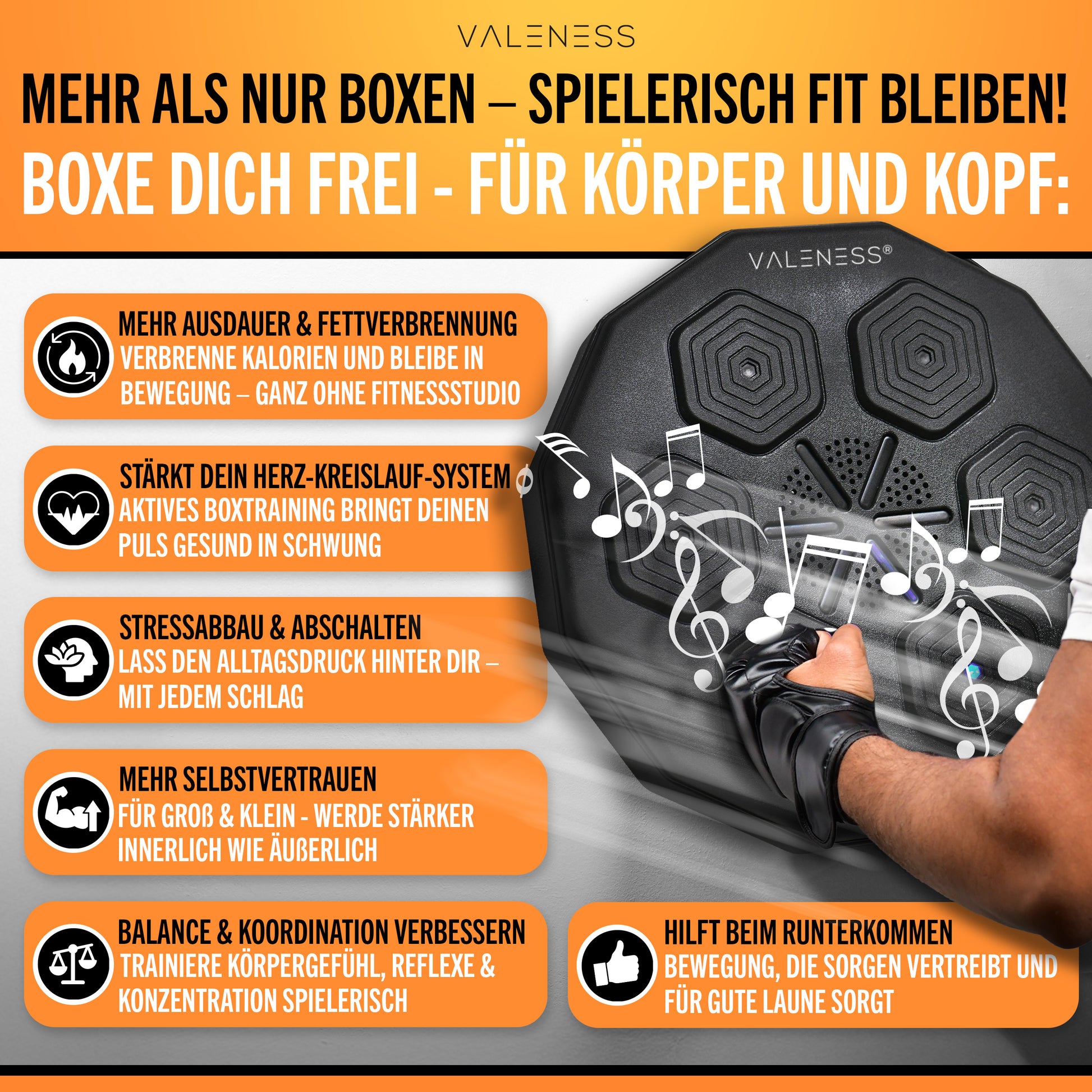 VALENESS® Musik Box Maschine – Smart Music Boxing Machine – Boxmaschine mit Musik & LED, Boxautomat, Box für die Wand inkl. Boxhandschuhen – Ideales Boxtraining zuhause für Kinder und Erwachsene Automatik