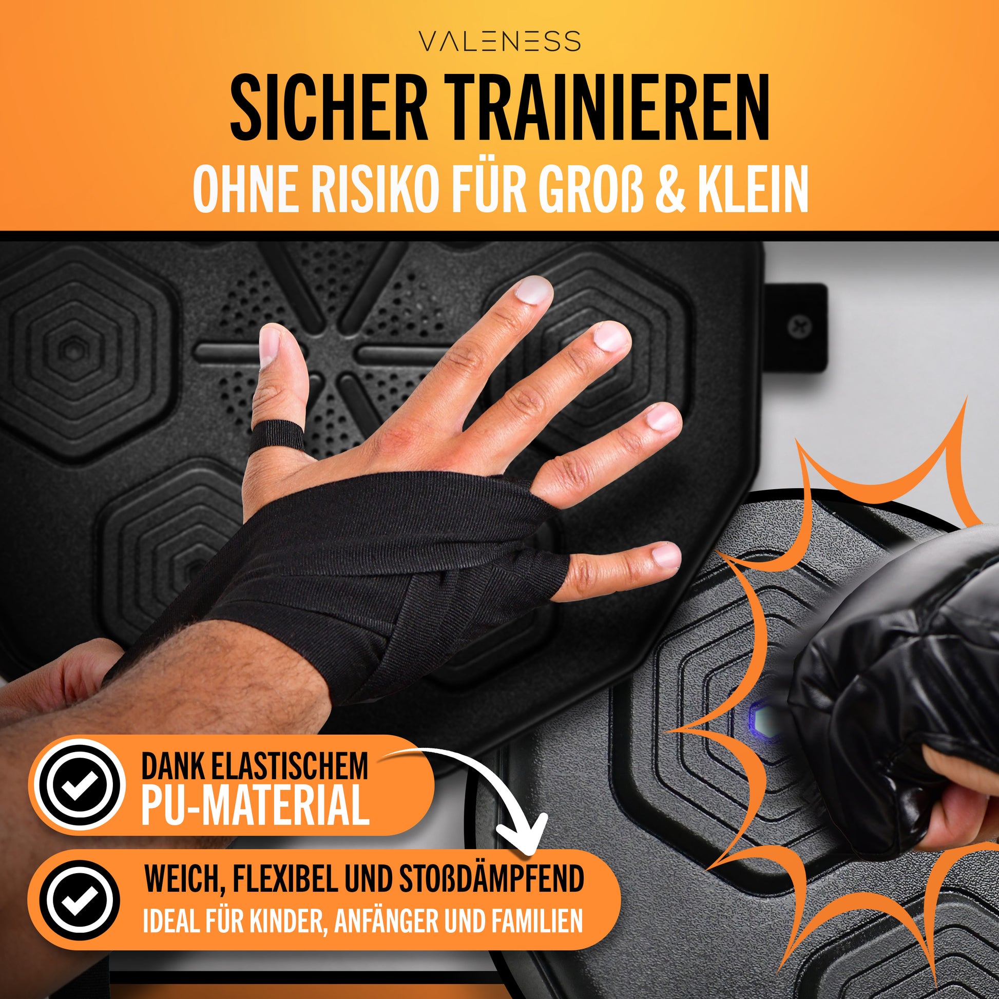 VALENESS® Musik Box Maschine – Smart Music Boxing Machine – Boxmaschine mit Musik & LED, Boxautomat, Box für die Wand inkl. Boxhandschuhen – Ideales Boxtraining zuhause für Kinder und Erwachsene Automatik