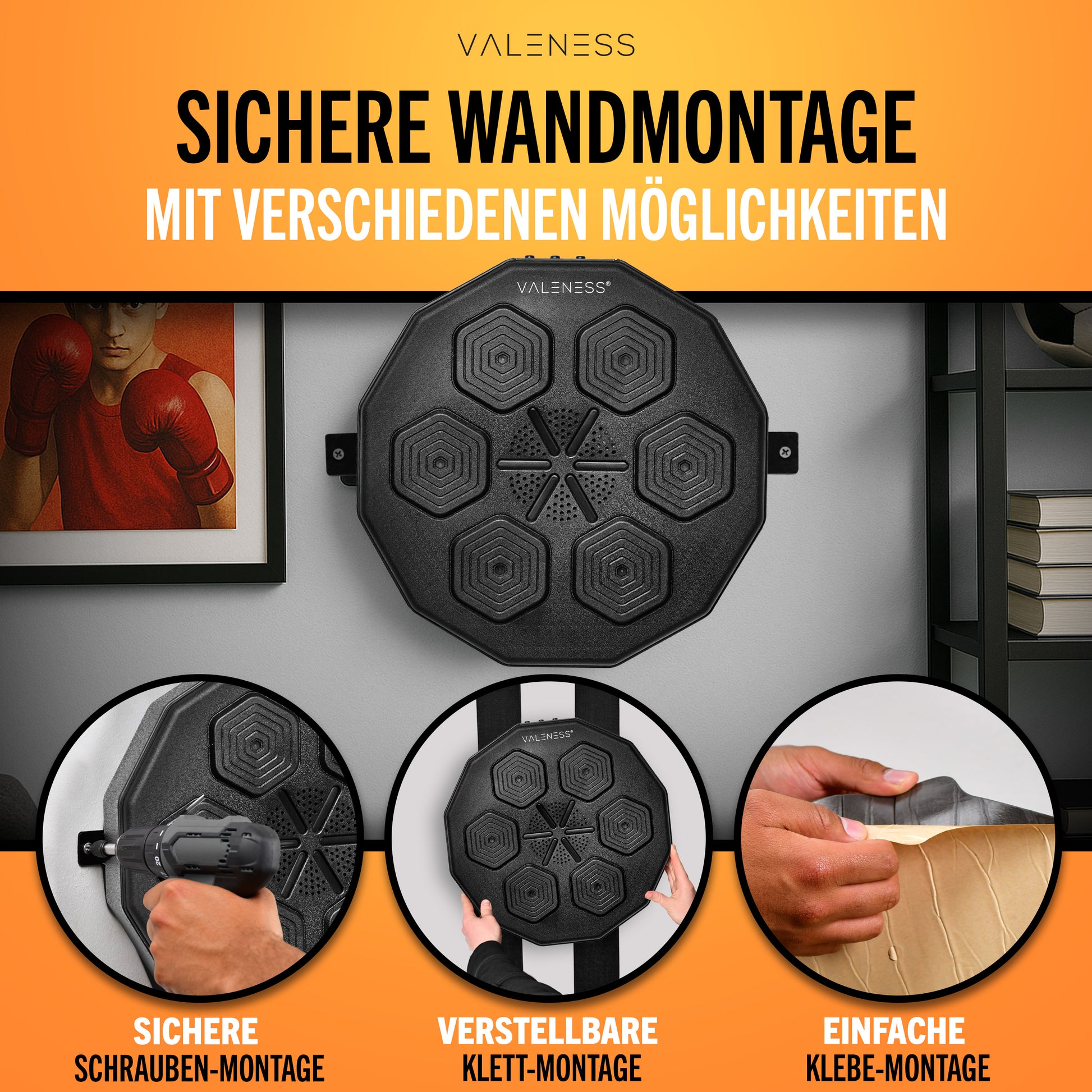 VALENESS® Musik Box Maschine – Smart Music Boxing Machine – Boxmaschine mit Musik & LED, Boxautomat, Box für die Wand inkl. Boxhandschuhen – Ideales Boxtraining zuhause für Kinder und Erwachsene Automatik