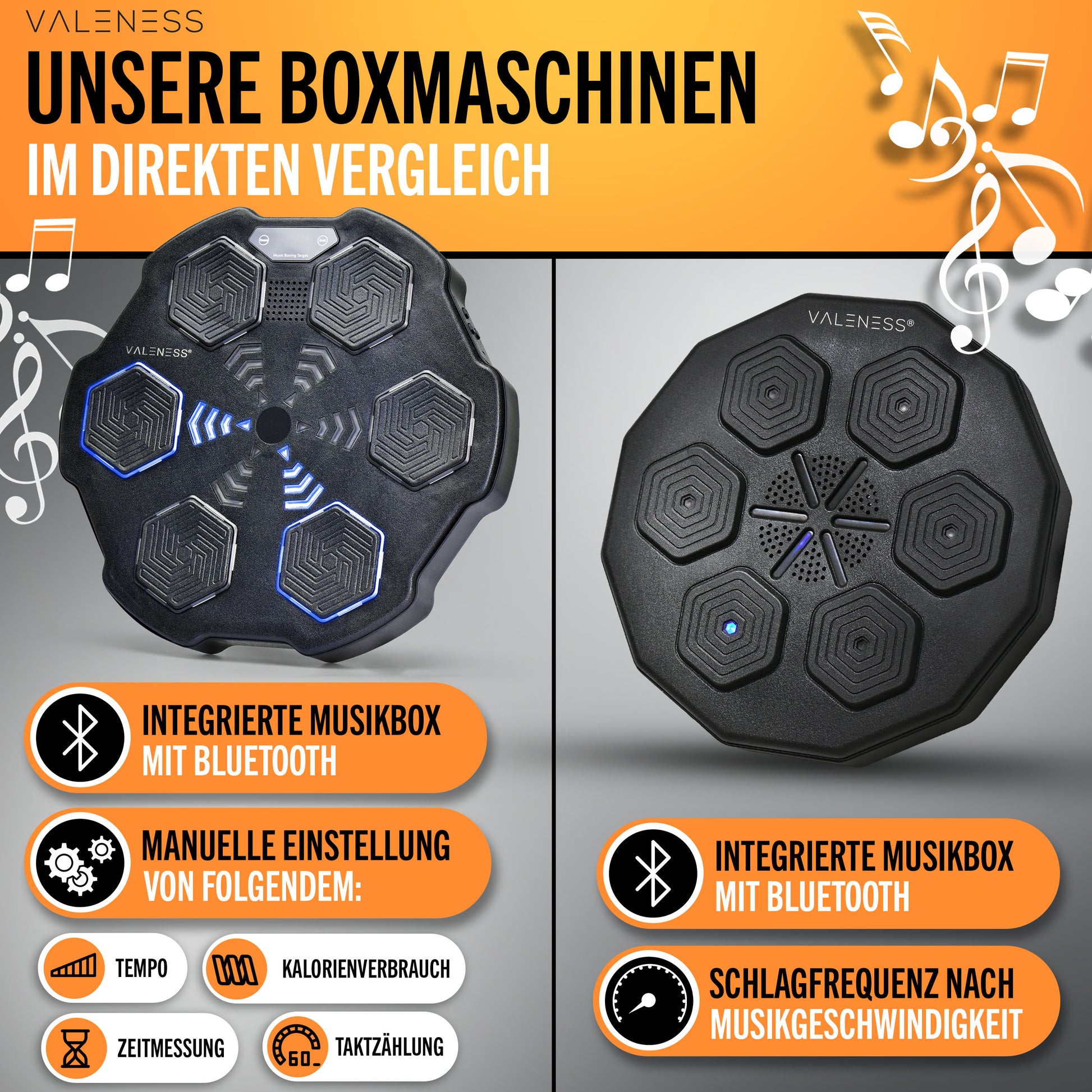 VALENESS® Musik Box Maschine – Smart Music Boxing Machine – Boxmaschine mit Musik & LED, Boxautomat, Box für die Wand inkl. Boxhandschuhen – Ideales Boxtraining zuhause für Kinder und Erwachsene Automatik