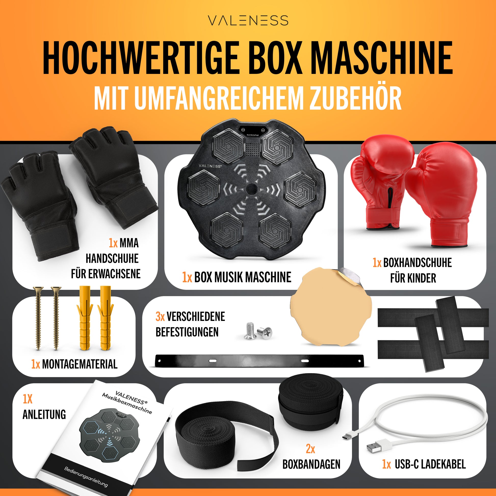 VALENESS® Musik Box Maschine – Smart Music Boxing Machine – Boxmaschine mit Musik & LED, Boxautomat, Box für die Wand inkl. Boxhandschuhen – Ideales Boxtraining zuhause für Kinder und Erwachsene Manuell