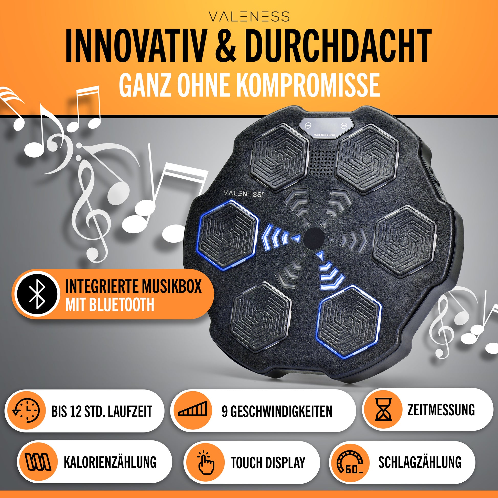VALENESS® Musik Box Maschine – Smart Music Boxing Machine – Boxmaschine mit Musik & LED, Boxautomat, Box für die Wand inkl. Boxhandschuhen – Ideales Boxtraining zuhause für Kinder und Erwachsene Manuell