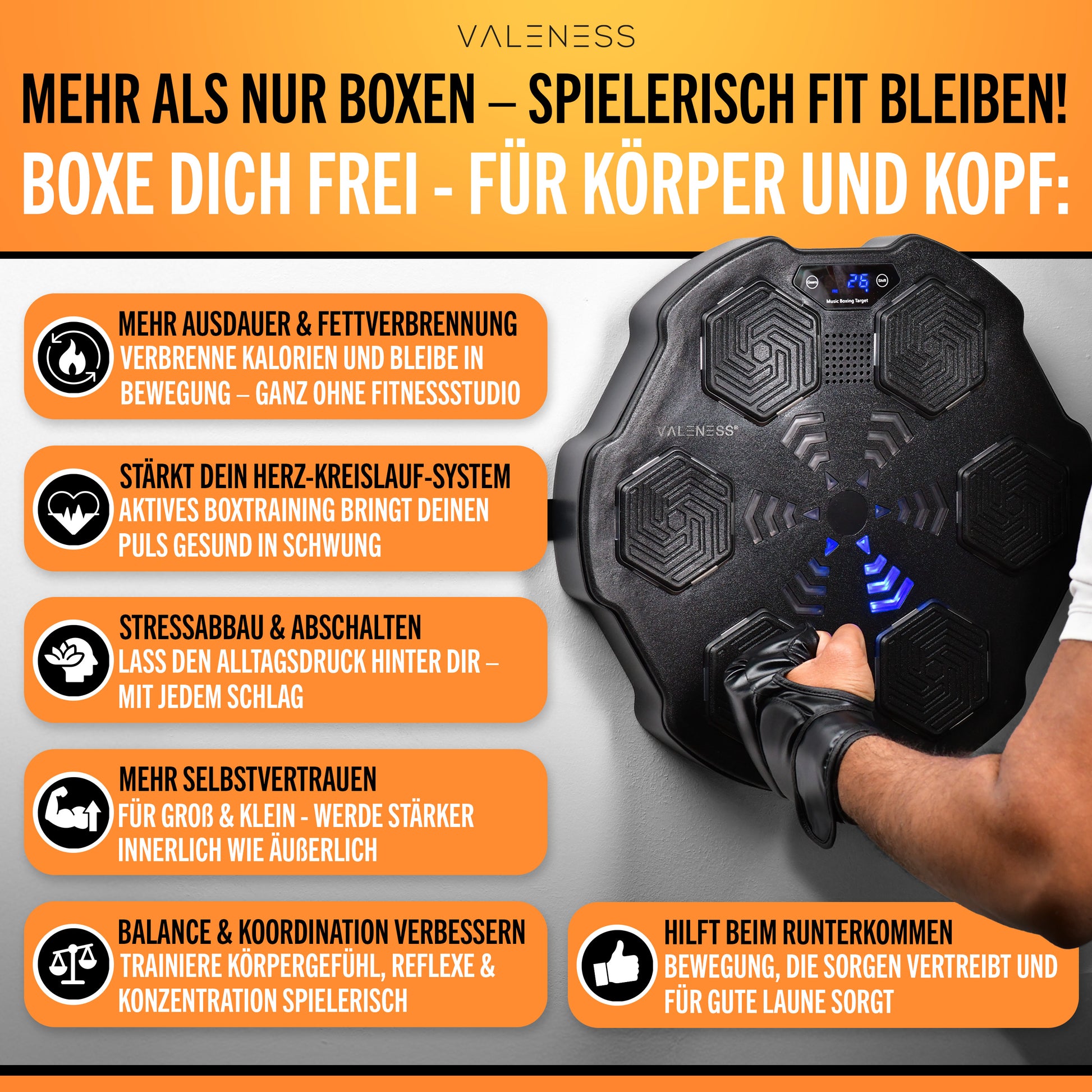 VALENESS® Musik Box Maschine – Smart Music Boxing Machine – Boxmaschine mit Musik & LED, Boxautomat, Box für die Wand inkl. Boxhandschuhen – Ideales Boxtraining zuhause für Kinder und Erwachsene Manuell