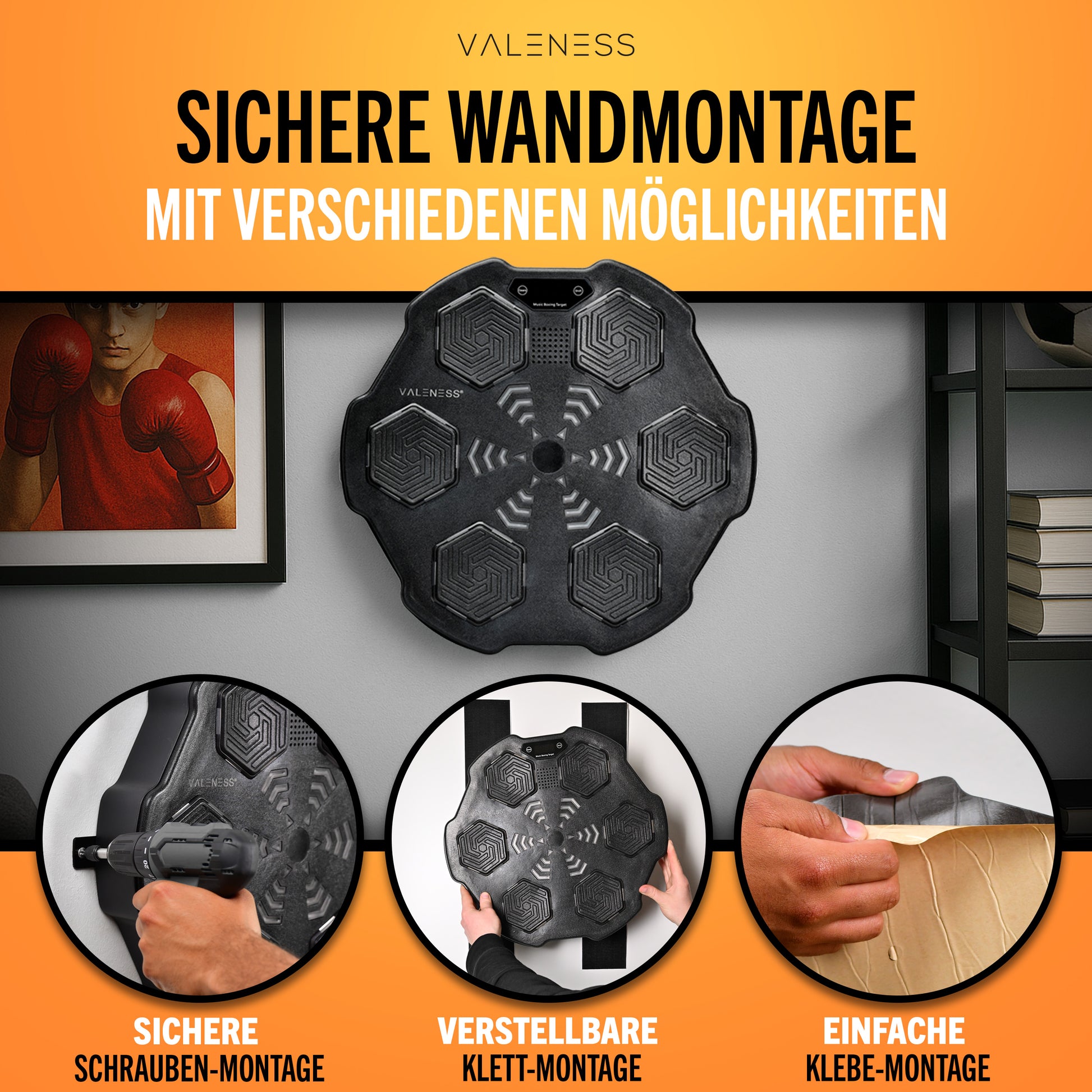VALENESS® Musik Box Maschine – Smart Music Boxing Machine – Boxmaschine mit Musik & LED, Boxautomat, Box für die Wand inkl. Boxhandschuhen – Ideales Boxtraining zuhause für Kinder und Erwachsene Manuell