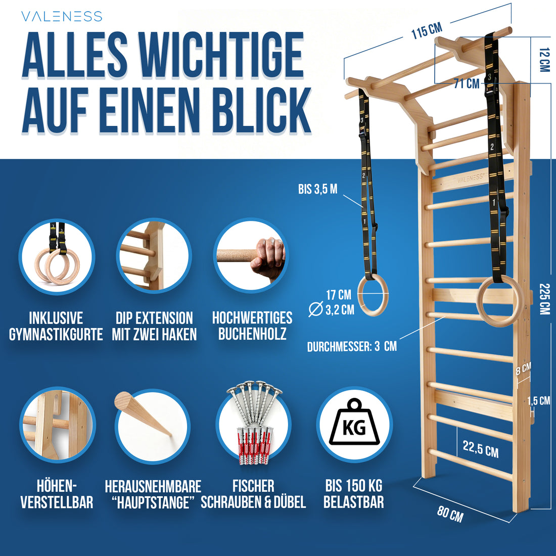 Maße und Ausstattung auf einen Blick: Höhe 225 cm, Breite 80 cm, Ausladung 115 cm, Sprossen aus Buchenholz mit 3,2 cm Durchmesser, belastbar bis 150 kg, inklusive Gymnastikgurten bis 3,5 m, Dip-Extension mit zwei Haken und Fischer-Befestigungsmaterial