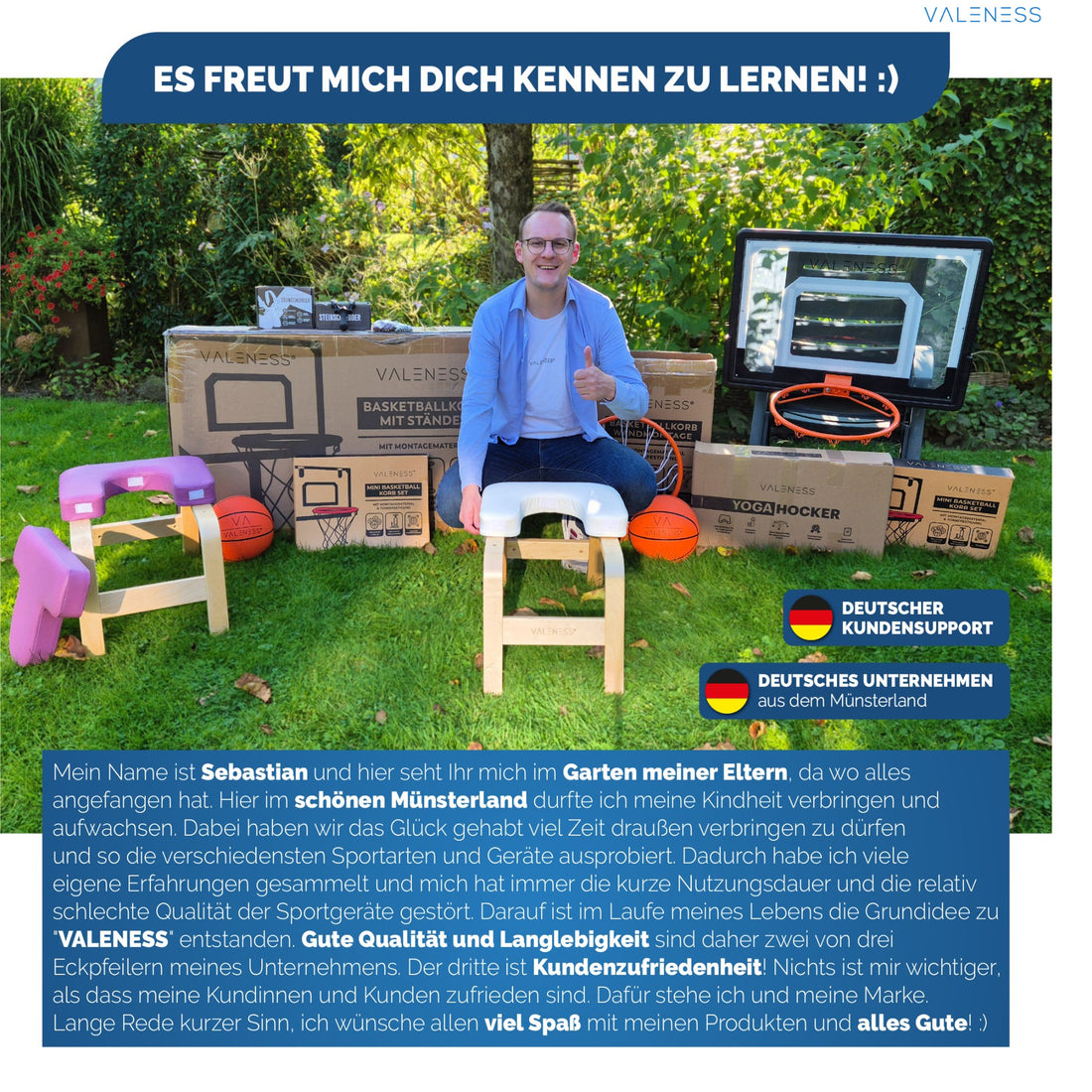 Gründer Sebastian Funke im Garten mit dem VALENESS Sortiment und der Markengeschichte aus dem Münsterland
