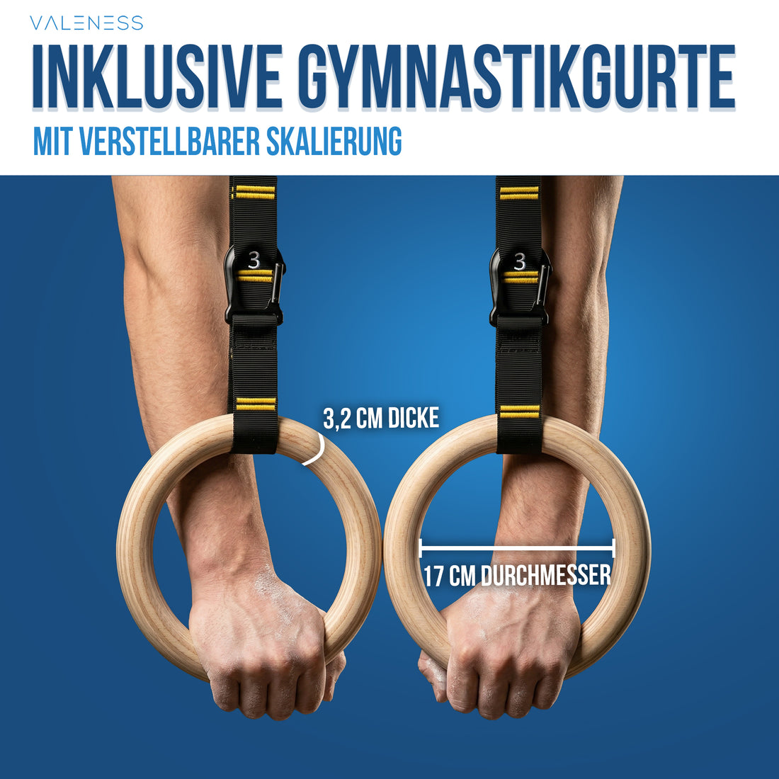 Turnringe mit verstellbaren Gymnastikgurten, Ringdurchmesser 17 cm bei 3,2 cm Materialstärke