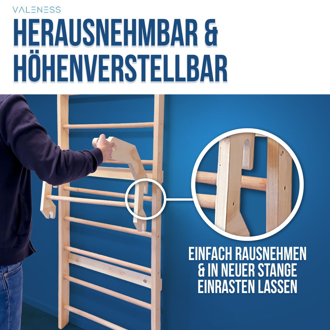 Herausnehmbare und höhenverstellbare Hauptstange: Stange entnehmen und auf gewünschter Höhe wieder einrasten