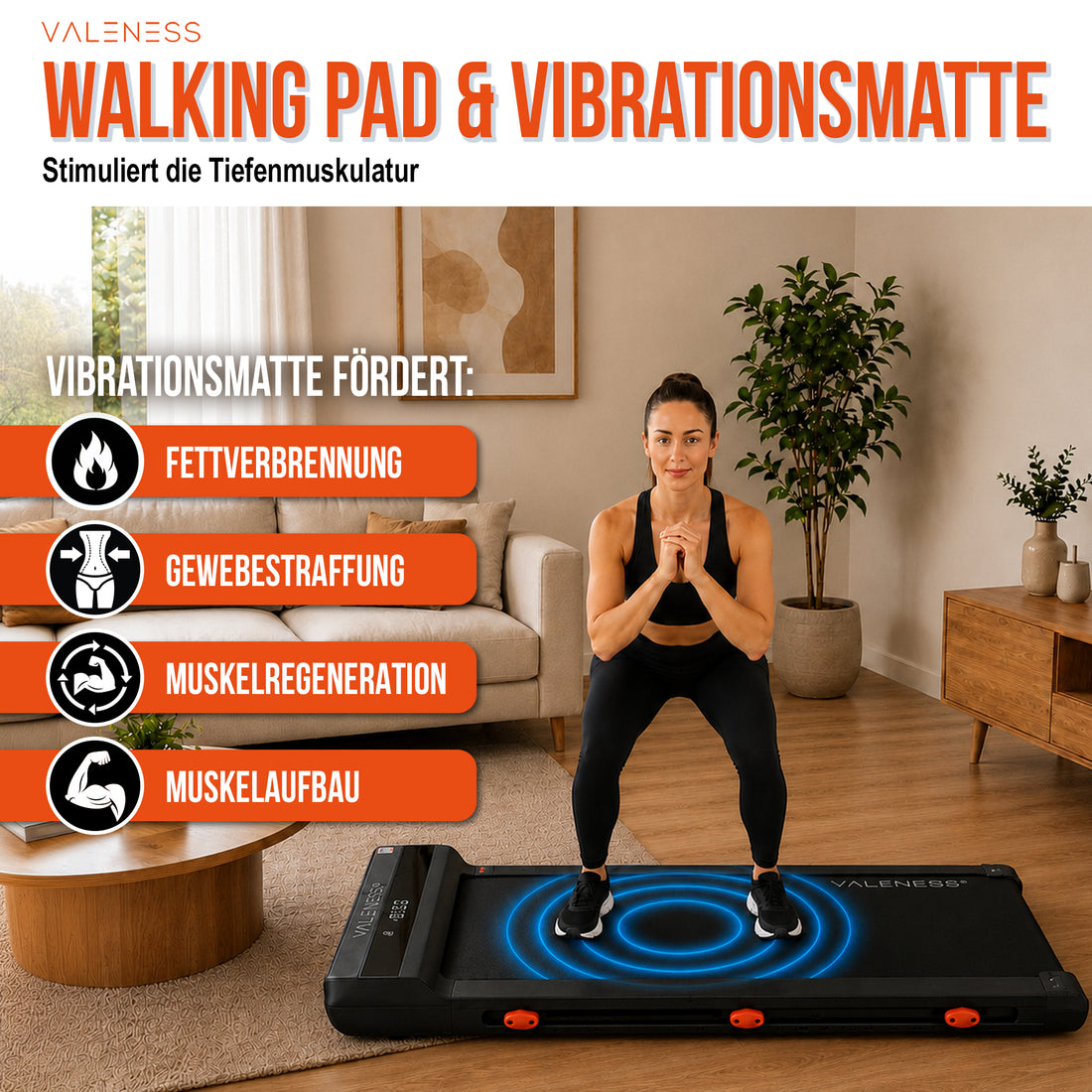 Nutzung als Vibrationsplatte: Frau in der Kniebeuge auf dem stehenden Walking Pad im Wohnzimmer