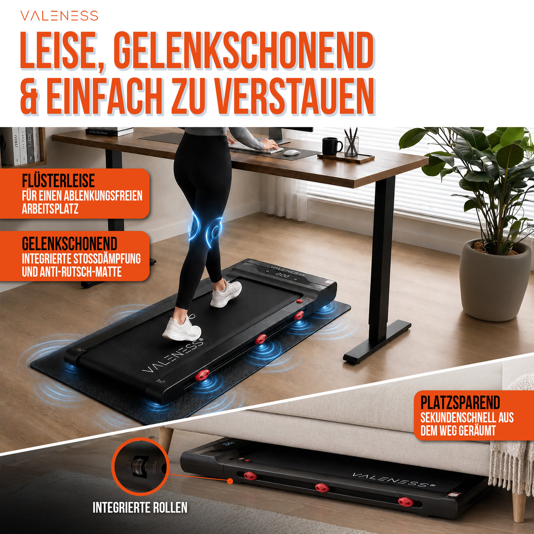 Walking Pad im Einsatz unter einem höhenverstellbaren Schreibtisch, darunter das Gerät aufrecht verstaut auf seinen integrierten Transportrollen