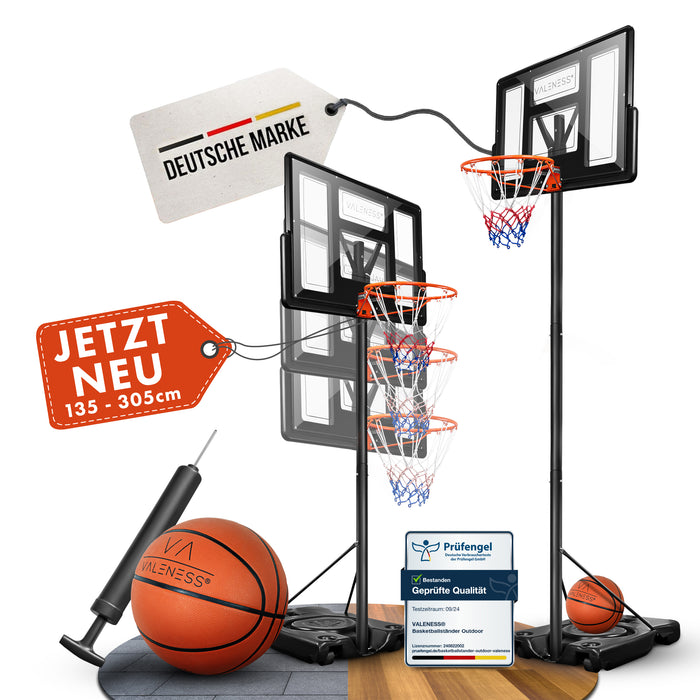 VALENESS Basketballständer Profi mit Ball und Pumpe, dargestellt in drei Höhenstufen von 135 bis 305 cm, mit Prüfsiegel Geprüfte Qualität