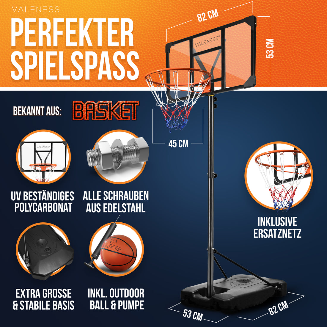Technische Merkmale: Zielbrett 82 × 53 cm, Ring 45 cm, Standfläche 82 × 53 cm, UV-beständiges Polycarbonat, Edelstahlschrauben, befüllbare Basis, Ball, Pumpe und Ersatznetz inklusive