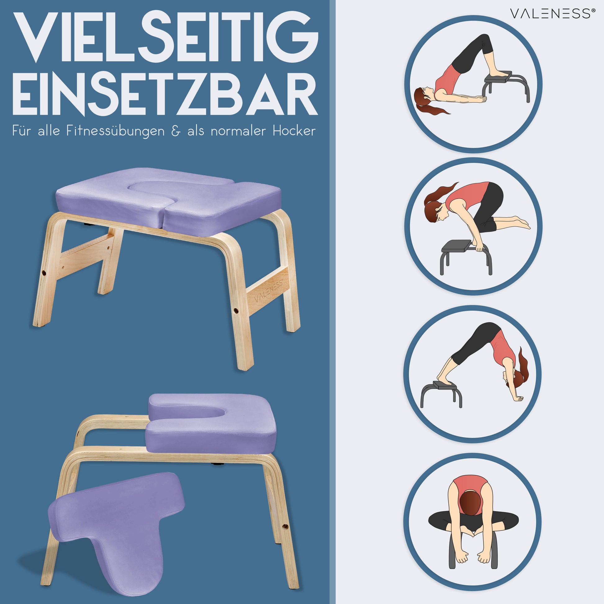 Yoga Kopfstandhocker - Hochwertiger Yoga Hocker inkl. Yogagurt, Yogablock & Übungsposter - Yoga Stuhl zur Handstand-Übung aus massivem Naturholz - Yoga Ausrüstung für Zuhause… (violet)