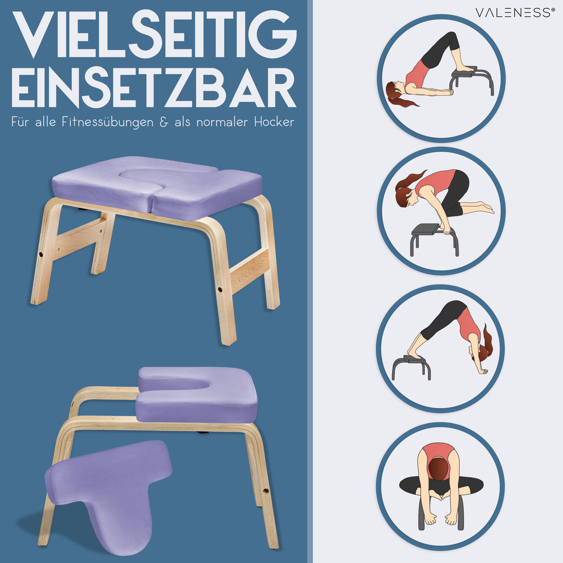 Vielseitig einsetzbar für Fitnessübungen und als normaler Hocker, mit vier Übungsbeispielen von Kopfstand bis Dehnung