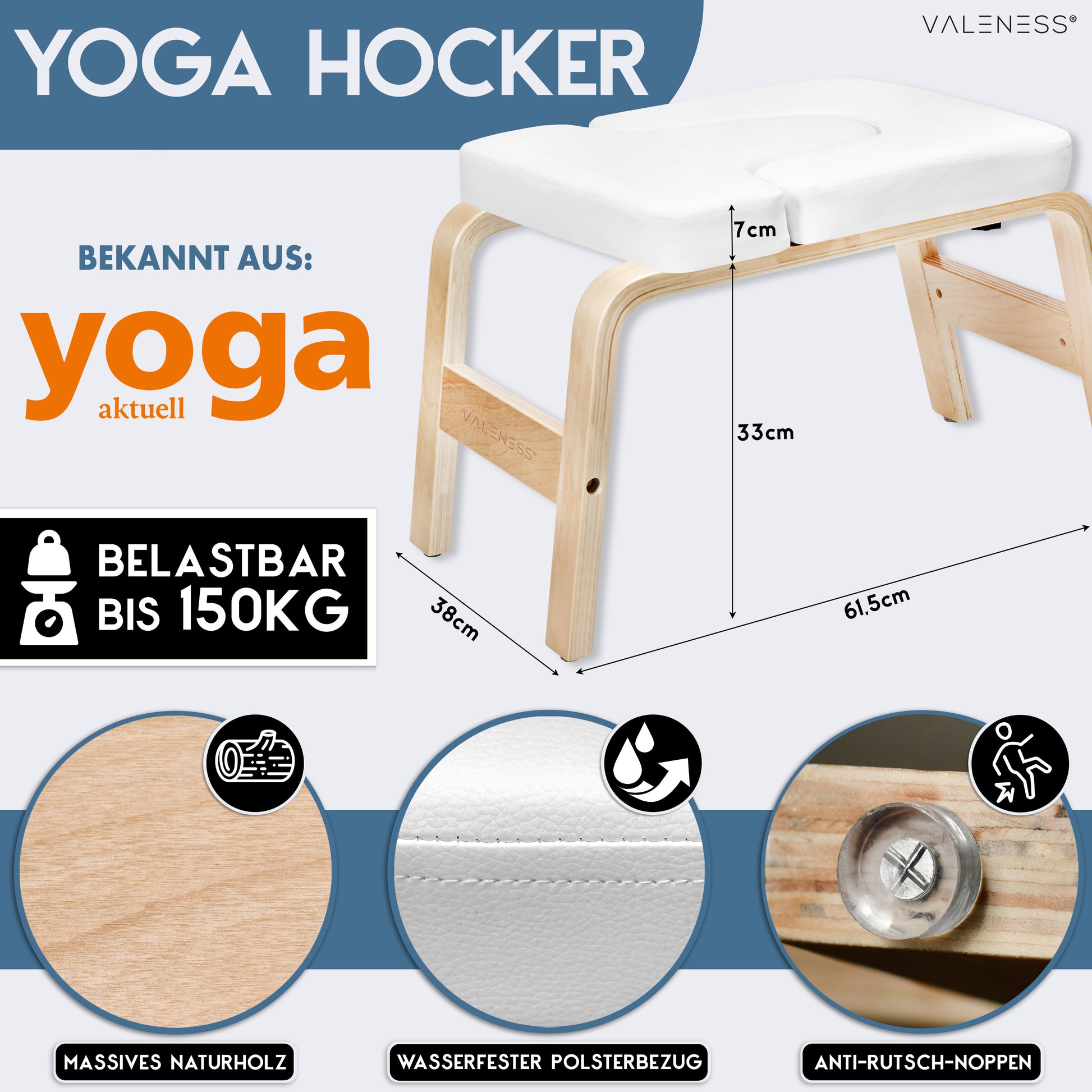 Yoga Kopfstandhocker - Hochwertiger Yoga Hocker inkl. Yogagurt, Yogablock & Übungsposter - Yoga Stuhl zur Handstand-Übung aus massivem Naturholz - Yoga Ausrüstung für Zuhause… (weiß)