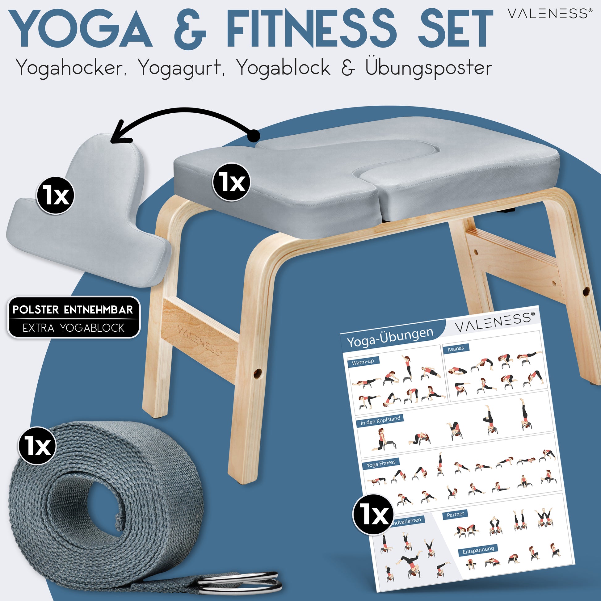 Yoga Kopfstandhocker - Hochwertiger Yoga Hocker inkl. Yogagurt, Yogablock & Übungsposter - Yoga Stuhl zur Handstand-Übung aus massivem Naturholz - Yoga Ausrüstung für Zuhause… (Grau textil)
