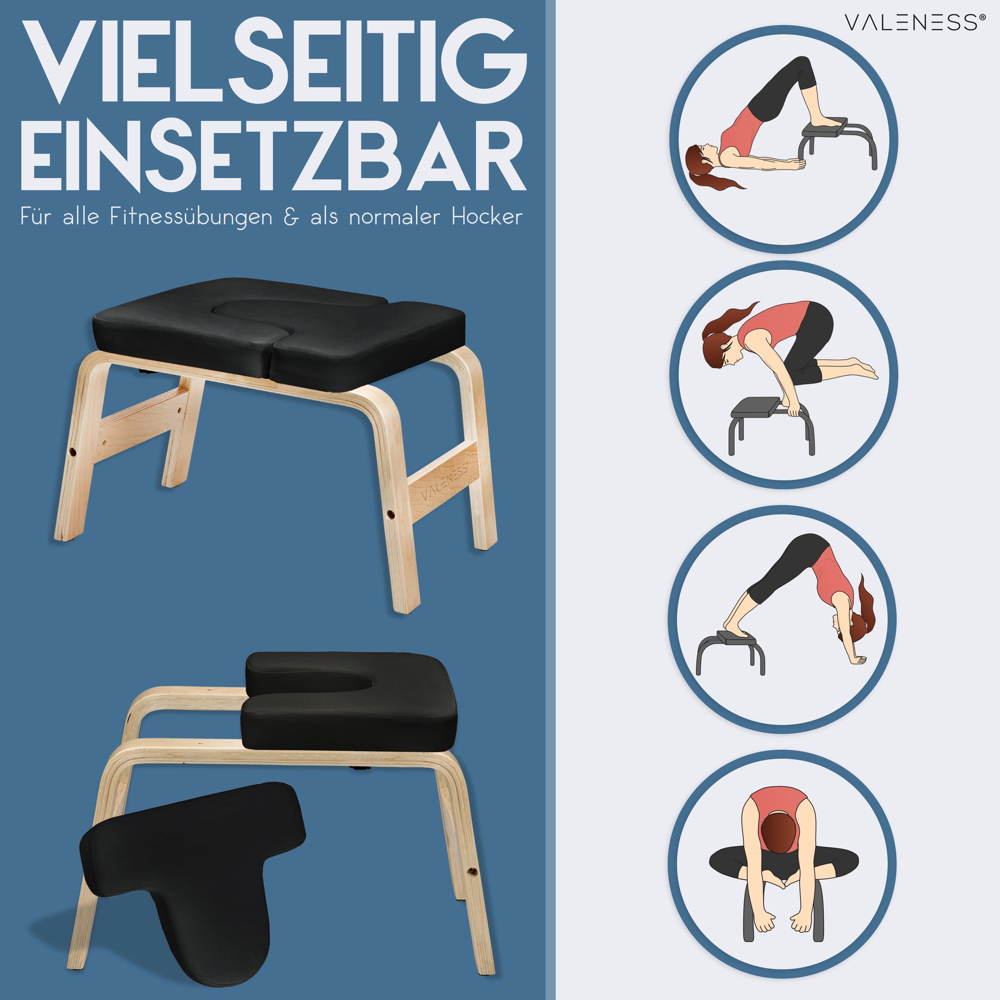 Yoga Kopfstandhocker - Hochwertiger Yoga Hocker inkl. Yogagurt, Yogablock & Übungsposter - Yoga Stuhl zur Handstand-Übung aus massivem Naturholz - Yoga Ausrüstung für Zuhause… (schwarz)