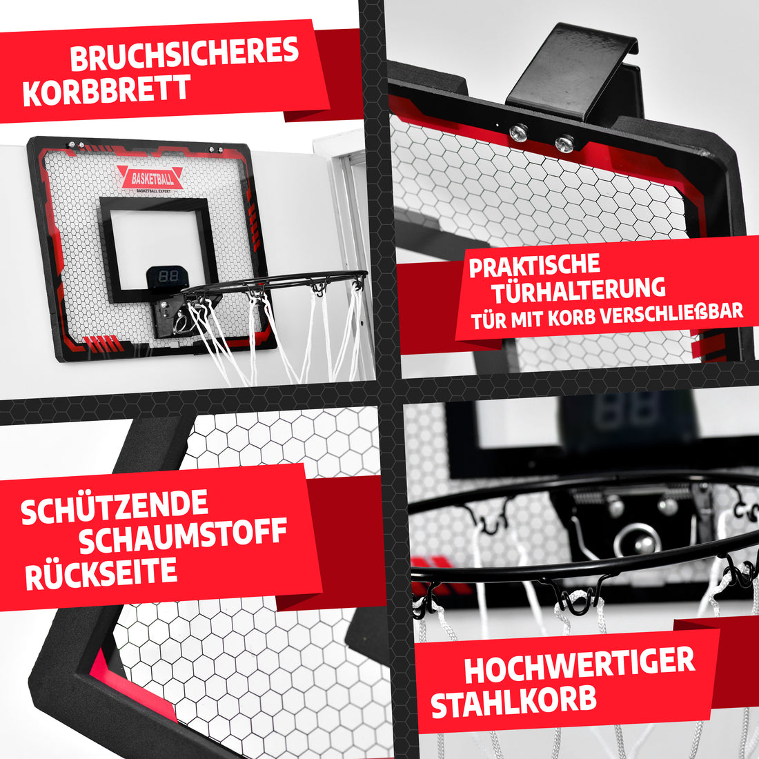 Detailansicht der Konstruktion: bruchsicheres Korbbrett, praktische Türhalterung mit verschließbarer Tür, schützende Schaumstoff-Rückseite und hochwertiger Stahlkorb