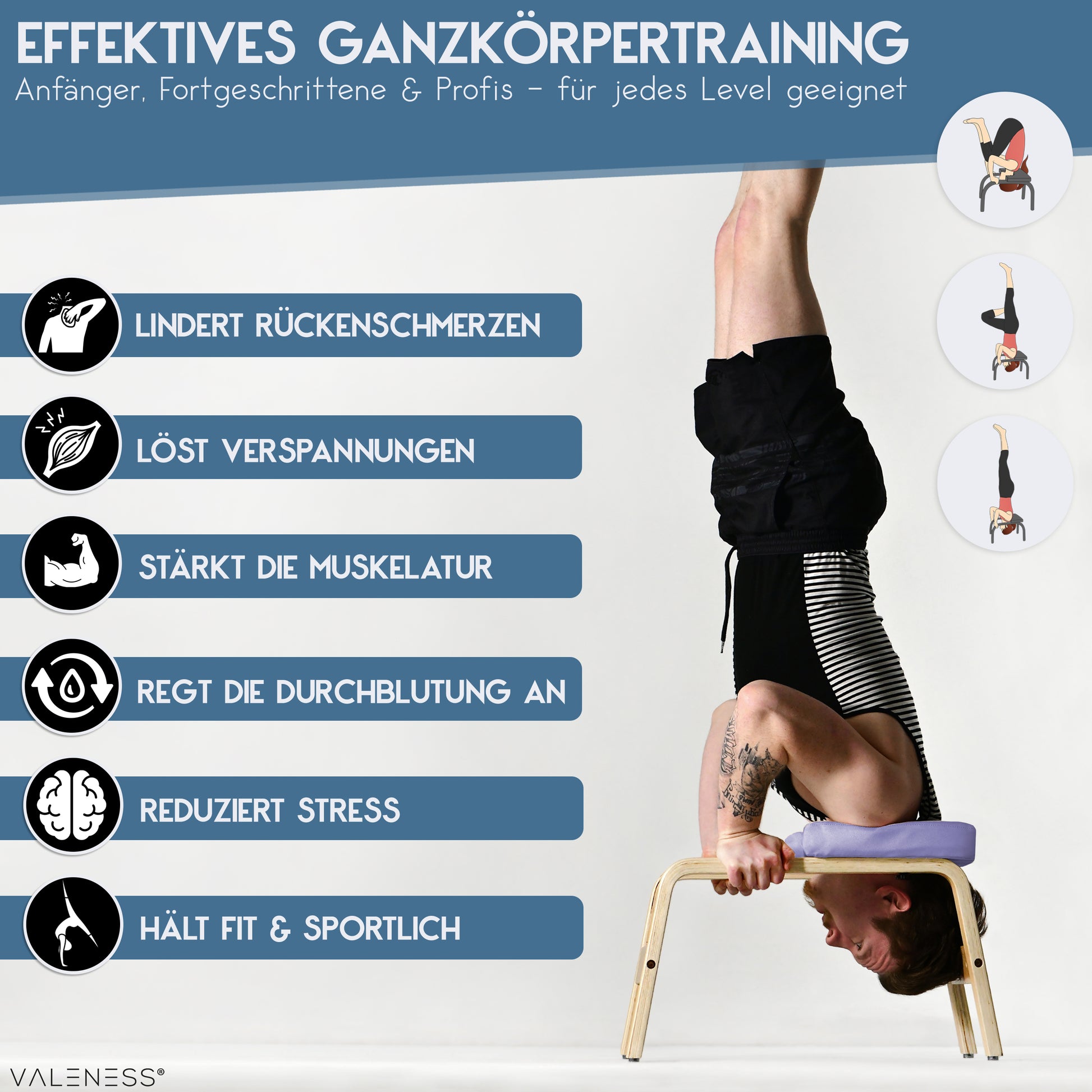 Yoga Kopfstandhocker - Hochwertiger Yoga Hocker inkl. Yogagurt, Yogablock & Übungsposter - Yoga Stuhl zur Handstand-Übung aus massivem Naturholz - Yoga Ausrüstung für Zuhause… (violet)