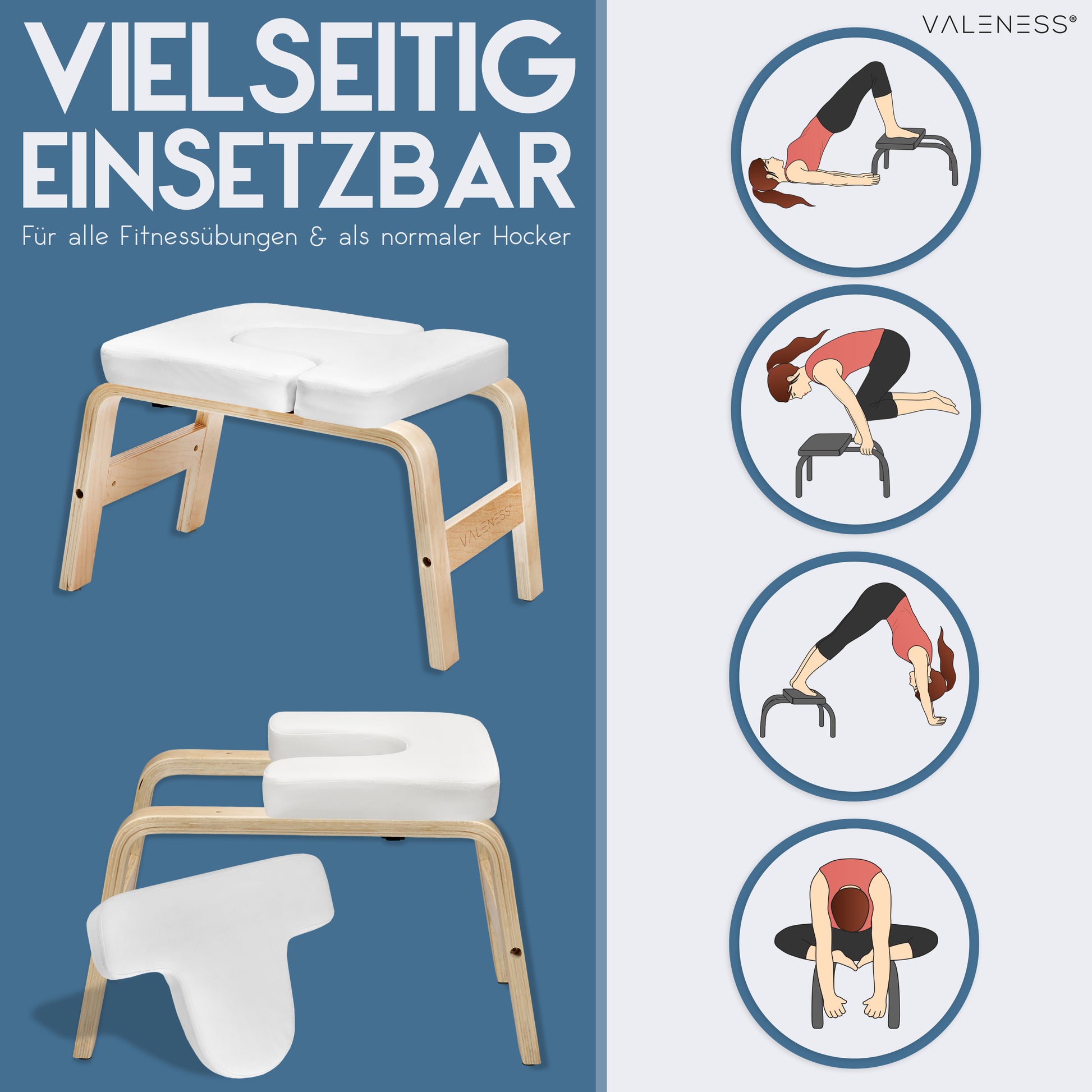 Yoga Kopfstandhocker - Hochwertiger Yoga Hocker inkl. Yogagurt, Yogablock & Übungsposter - Yoga Stuhl zur Handstand-Übung aus massivem Naturholz - Yoga Ausrüstung für Zuhause… (weiß)