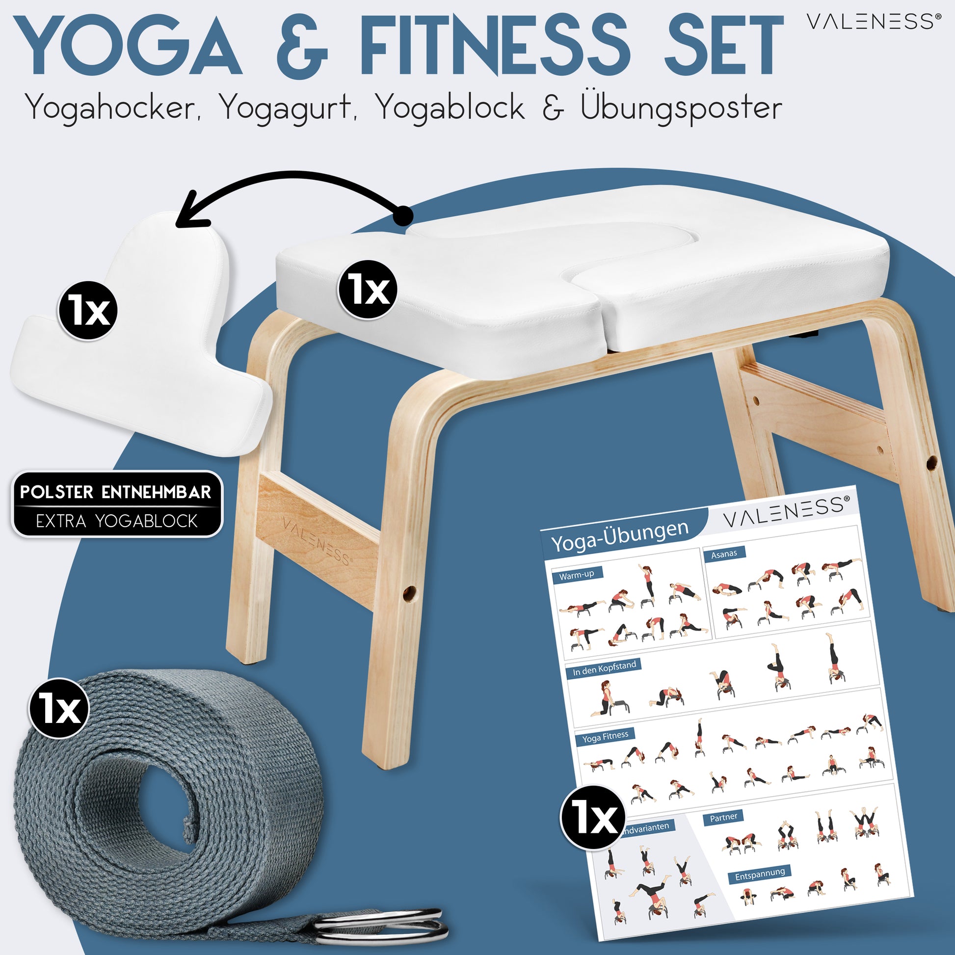 Yoga Kopfstandhocker - Hochwertiger Yoga Hocker inkl. Yogagurt, Yogablock & Übungsposter - Yoga Stuhl zur Handstand-Übung aus massivem Naturholz - Yoga Ausrüstung für Zuhause… (weiß)