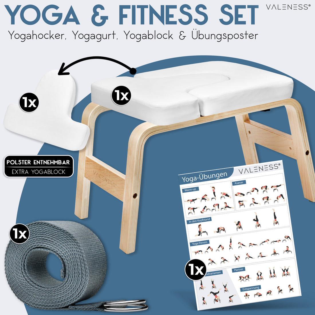 Lieferumfang Yoga- und Fitness-Set: Kopfstandhocker in Weiß, entnehmbares Polster als zusätzlicher Yogablock, Yogagurt und Übungsposter