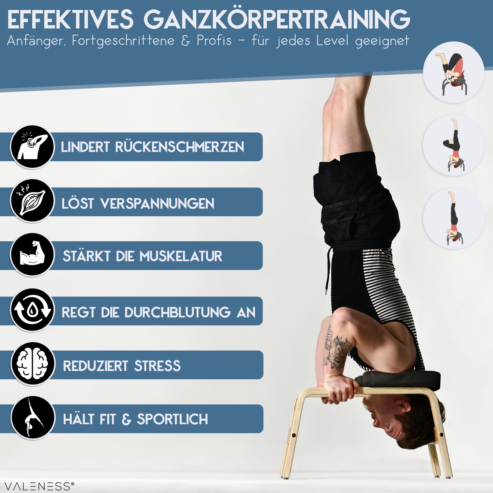 Yoga Kopfstandhocker - Hochwertiger Yoga Hocker inkl. Yogagurt, Yogablock & Übungsposter - Yoga Stuhl zur Handstand-Übung aus massivem Naturholz - Yoga Ausrüstung für Zuhause… (schwarz)