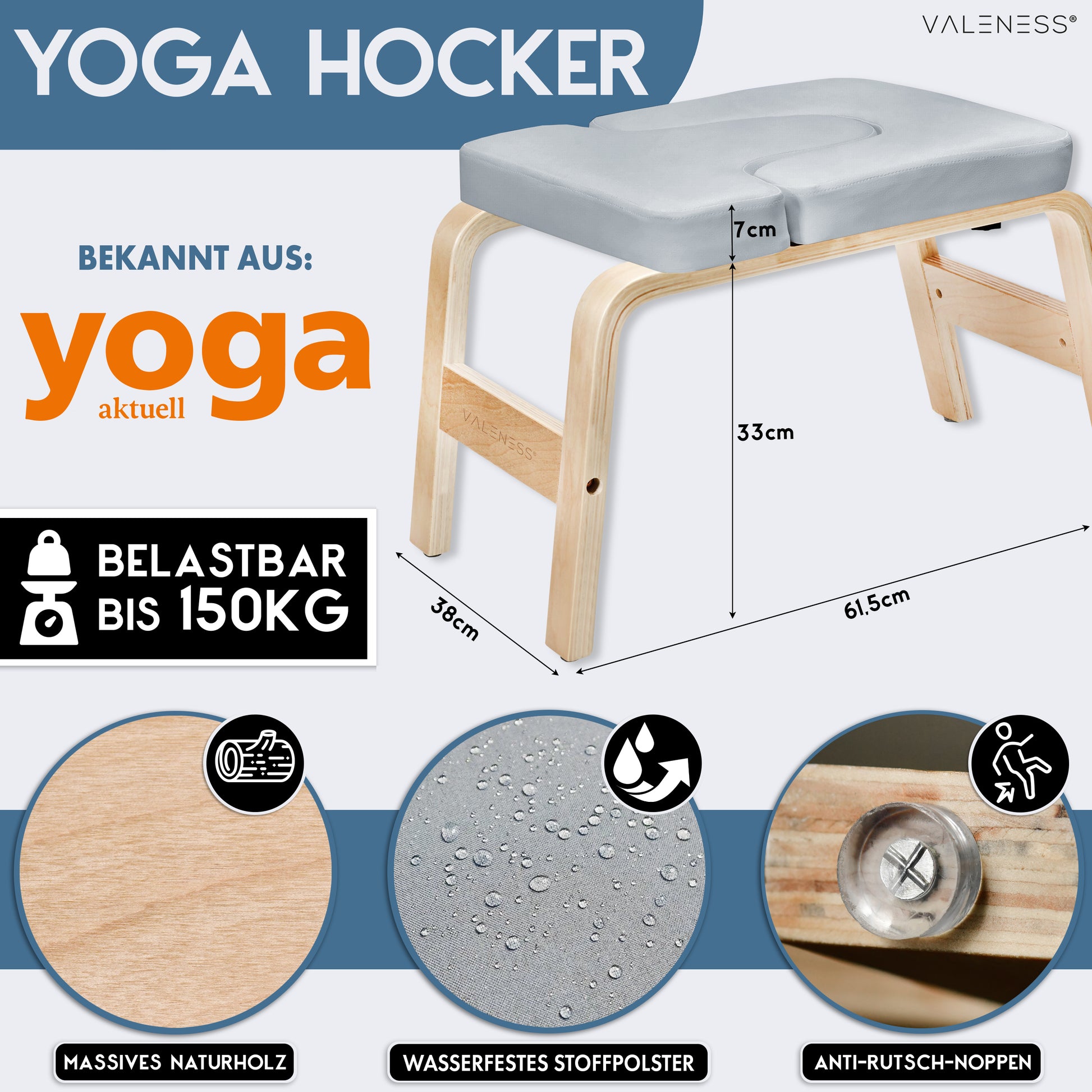 Yoga Kopfstandhocker - Hochwertiger Yoga Hocker inkl. Yogagurt, Yogablock & Übungsposter - Yoga Stuhl zur Handstand-Übung aus massivem Naturholz - Yoga Ausrüstung für Zuhause… (Grau textil)