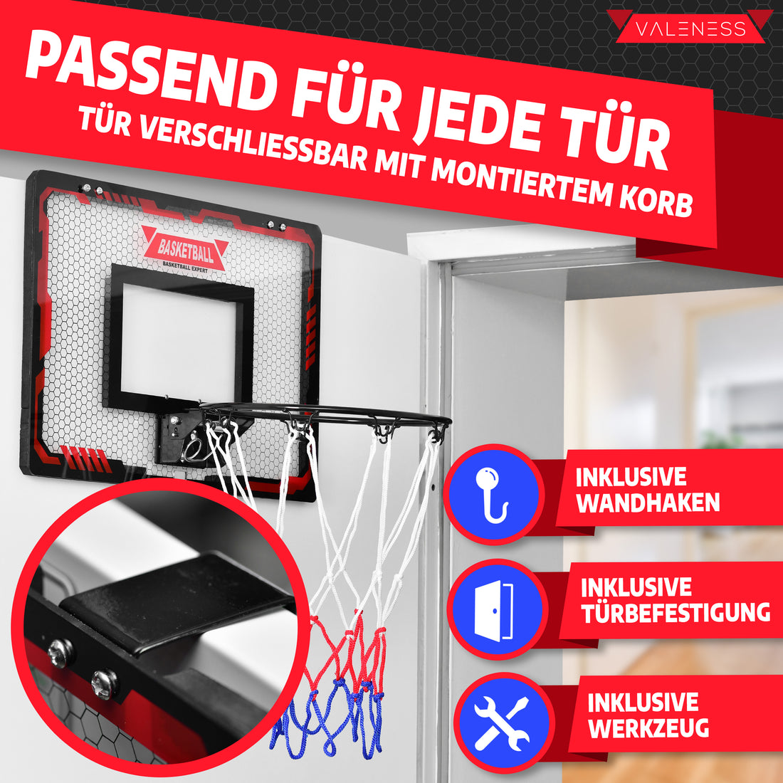 Montage an der Tür: passend für jede Tür, die sich mit montiertem Korb weiterhin schließen lässt — inklusive Wandhaken, Türbefestigung und Werkzeug