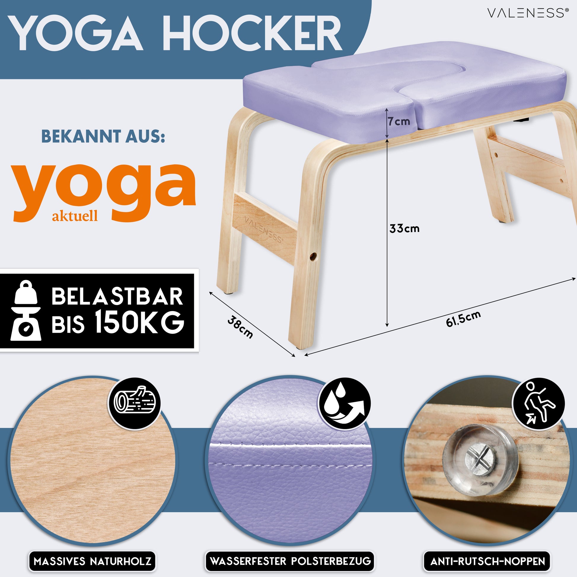 Yoga Kopfstandhocker - Hochwertiger Yoga Hocker inkl. Yogagurt, Yogablock & Übungsposter - Yoga Stuhl zur Handstand-Übung aus massivem Naturholz - Yoga Ausrüstung für Zuhause… (violet)