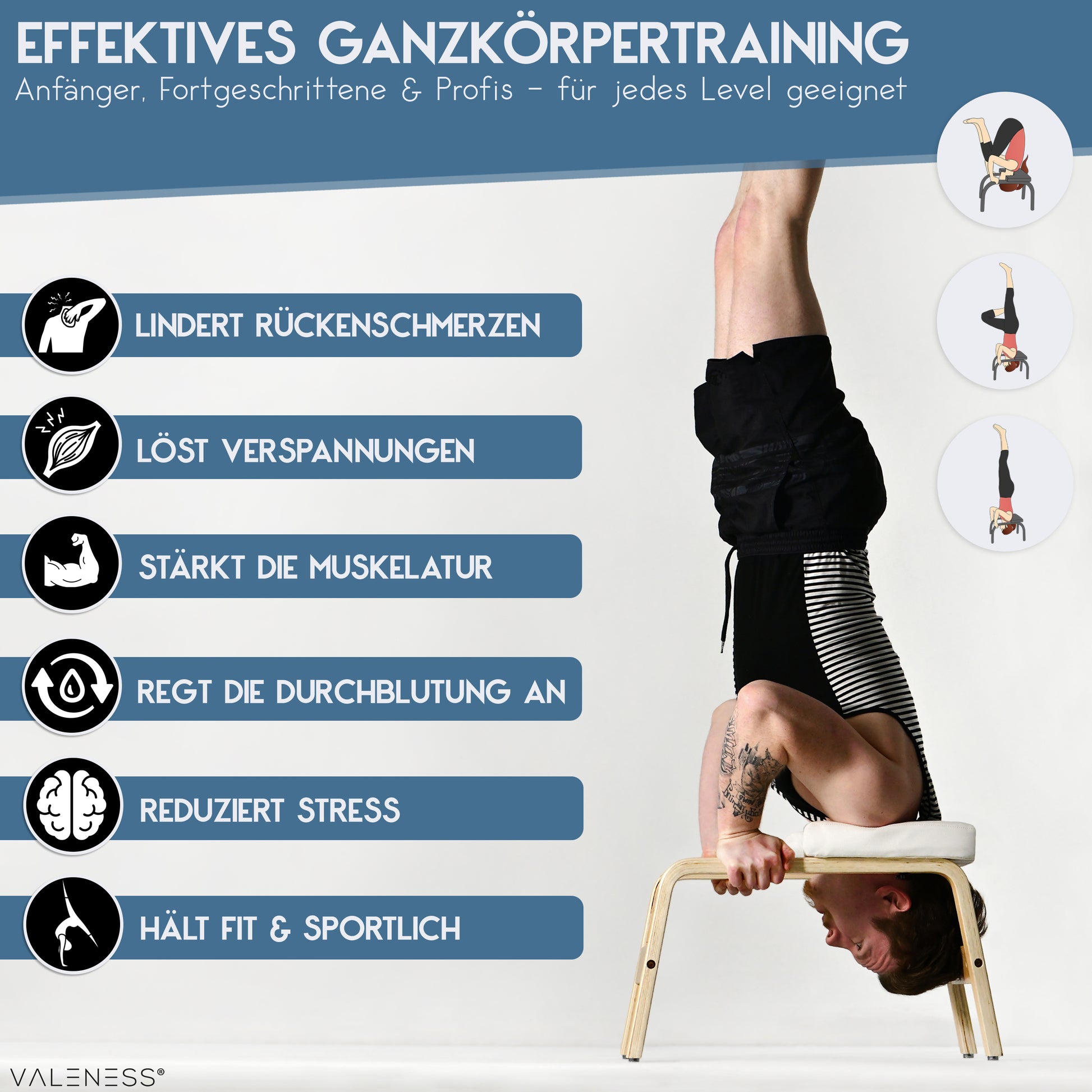 Yoga Kopfstandhocker - Hochwertiger Yoga Hocker inkl. Yogagurt, Yogablock & Übungsposter - Yoga Stuhl zur Handstand-Übung aus massivem Naturholz - Yoga Ausrüstung für Zuhause… (weiß)