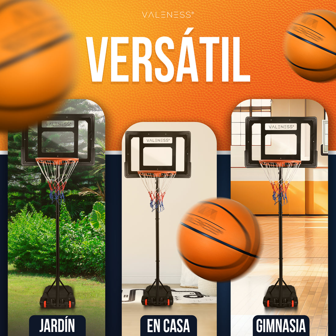 Der Kinder-Basketballständer im Einsatz in Garten, Wohnraum und Sporthalle