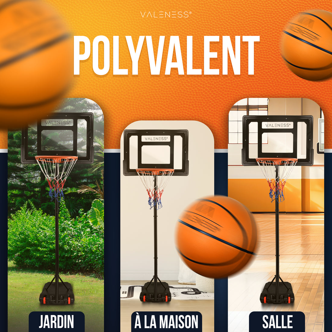 Der Kinder-Basketballständer im Einsatz in Garten, Wohnraum und Sporthalle