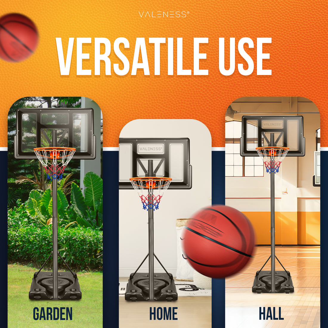 Der Basketballständer im Einsatz in drei Umgebungen: Garten, Innenraum und Sporthalle