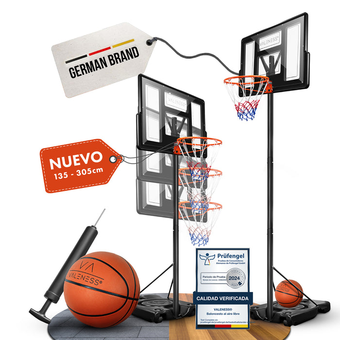 VALENESS Basketballständer Profi mit Ball und Pumpe, dargestellt in drei Höhenstufen von 135 bis 305 cm, mit Prüfsiegel Geprüfte Qualität
