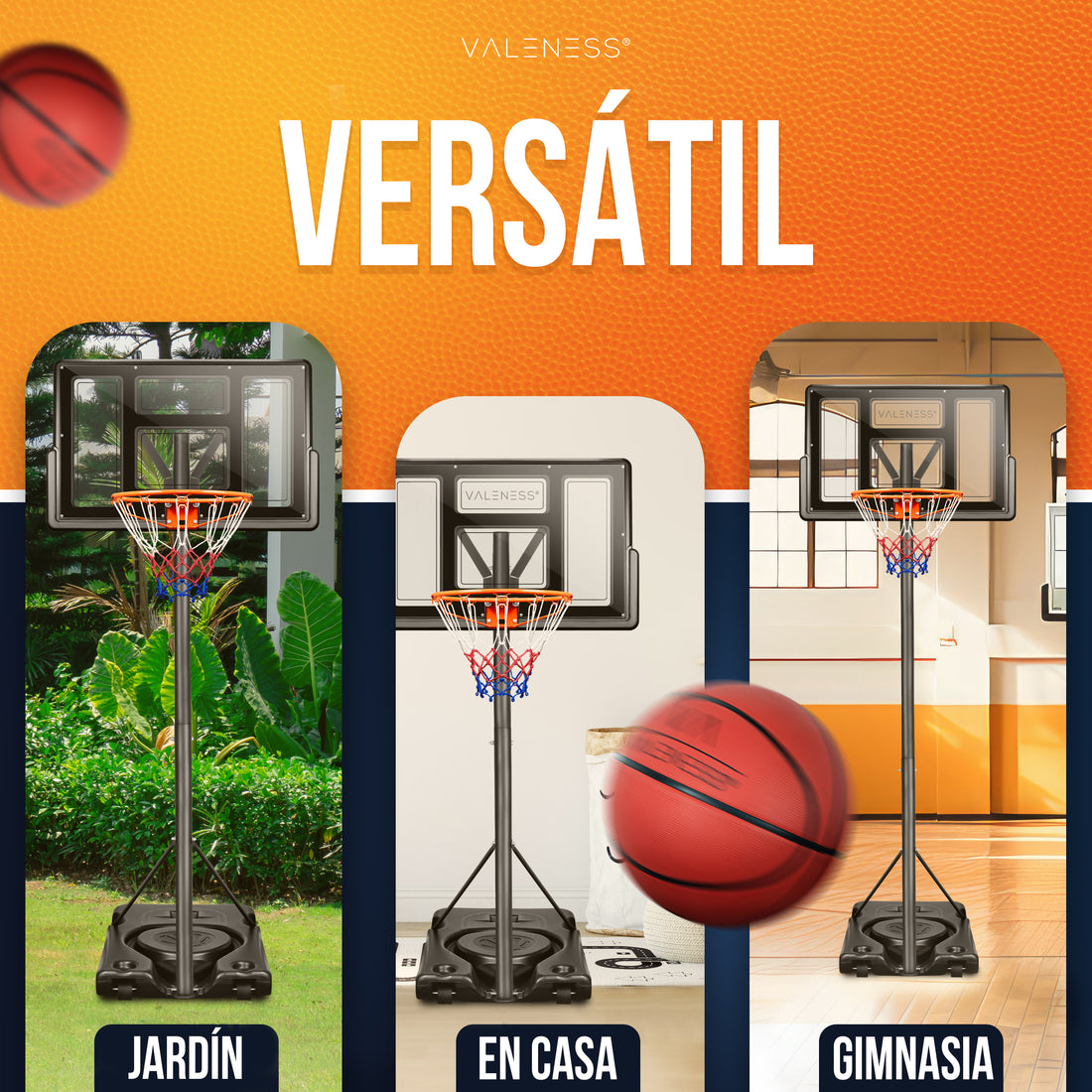 Der Basketballständer im Einsatz in drei Umgebungen: Garten, Innenraum und Sporthalle