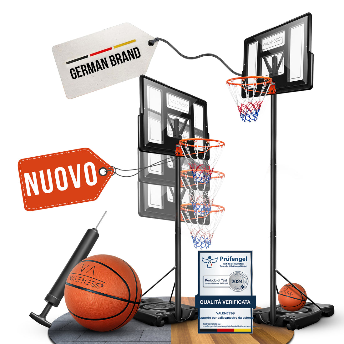 VALENESS Basketballständer Profi mit Ball und Pumpe, dargestellt in drei Höhenstufen von 135 bis 305 cm, mit Prüfsiegel Geprüfte Qualität