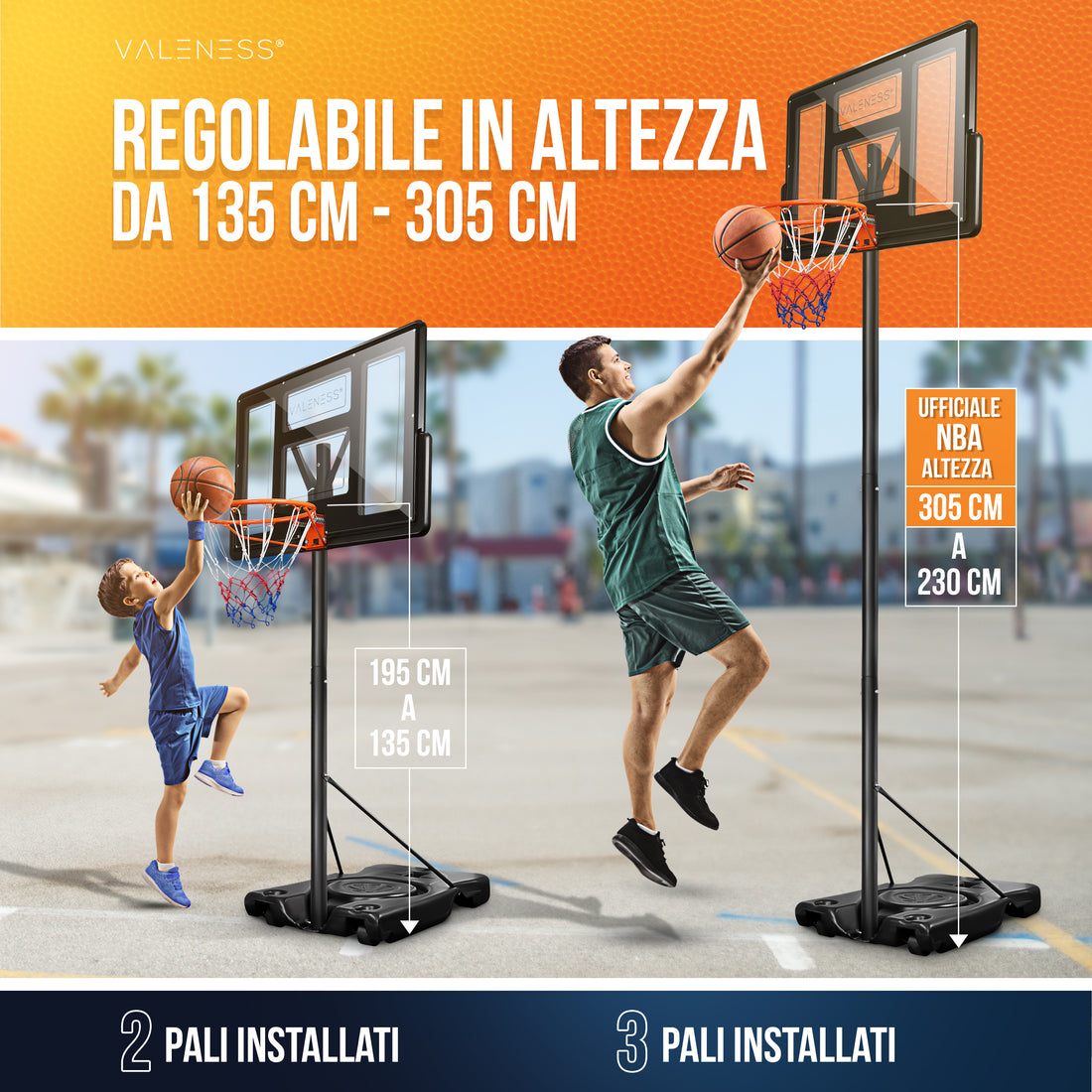 Höhenverstellung von 135 bis 305 cm: Erwachsener dunkt auf offizieller NBA-Höhe von 305 cm, Kind spielt auf 195 cm — mit zwei oder drei installierten Stangen