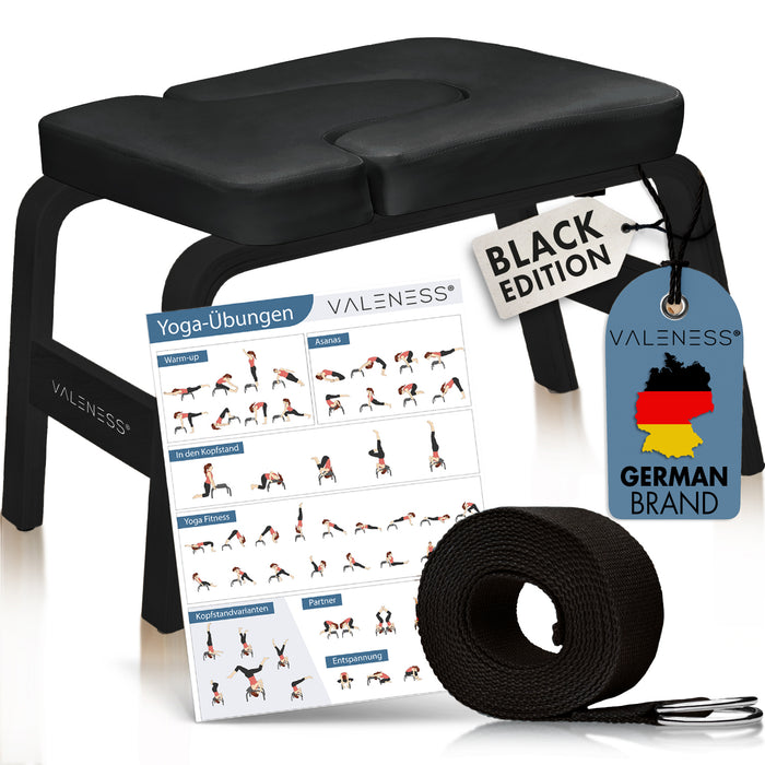 VALENESS Yoga-Kopfstandhocker Black Edition mit dunklem Gestell und schwarzer Polsterung, Yogagurt und Übungsposter